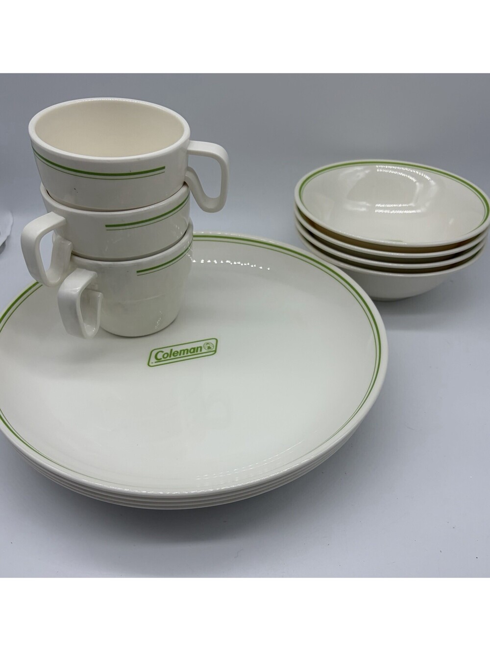 Lot 11 Coleman Melamine Dinnerware Classic Green White Plates Cups Bowls Logo
